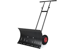 Goplus Snow Shovel for Driveway, Ergonomic Snow Pusher w/ 29"x16" (W x H) 7-Position Angled Blade, Rubber Wheels & Height Adjustable Dual Handle, Back Saver Snow Removal Plow for Doorway, Sidewalk