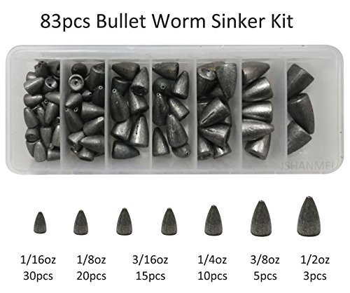 JSHANMEI Fishing Sinkers Weights Lead Sinkers Weights Kit Tackle Box (Bullet Worm Sinker Kit 83pcs/Box)