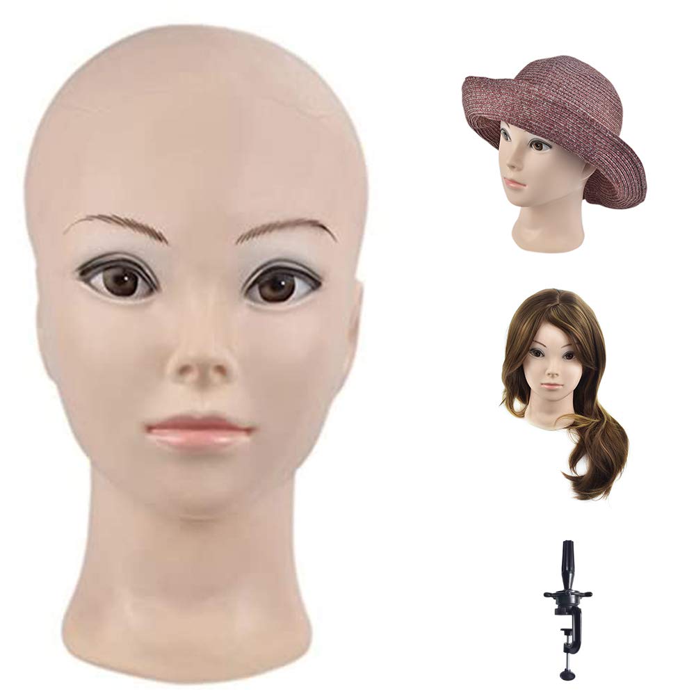 Ba Sha Training Head Cosmetology Mannequin Head Bald Manikin head for Wigs Making Wig Display Hat Display Glasses Display with Free Clamp