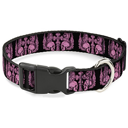Buckle-Down Plastic Clip Collar - BD Skulls w/Wings Black/Pink - 1/2" Wide - Fi…