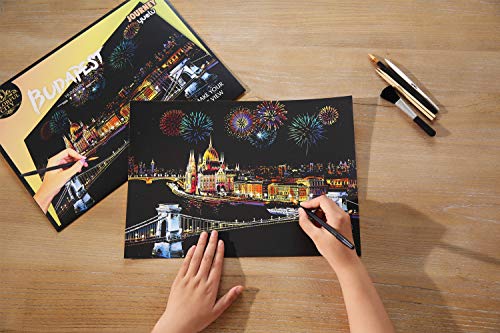 Scratch & Sketch Art Paper for Adults & Kids, Scratch Paper Rainbow Painting Sketch Pads DIY Art Craft Night View Scratchboard with Clean Brush,Scratch Coloring Pen,16 X 11.2 Inches (Budapest) - Thumbnail 2