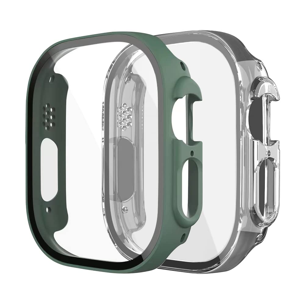 2 Pack Compatible with Apple Watch Ultra 49mm Case with Built-in Tempered Glass Screen Protector, Full Coverage Hard PC Ultra-Thin Protective Cover for iWatch (Green + Transparent)