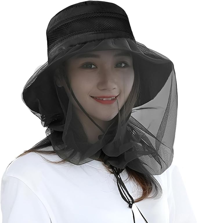 Mosquito Head Net Hat Beekeeping Cowboy Hat Outdoor Midge Insect Bug Fly Net Veil Hat with Removable Netting Jungle Face Cover Bucket Hat Fishing Cap for Hiking Honey Gathering Black