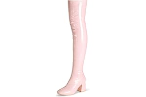 syztsho Thigh High Boots for Women Patent Leather PU Chunky Heel Over The Knee Boots Sexy Square Toe Side Zipper GOGO Boots