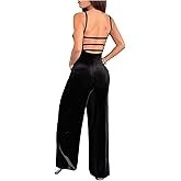 OYOANGLE Women's Sleeveless Velvet Jumpsuits Scoop Neck Open Back Straight Leg Long Pants Romper