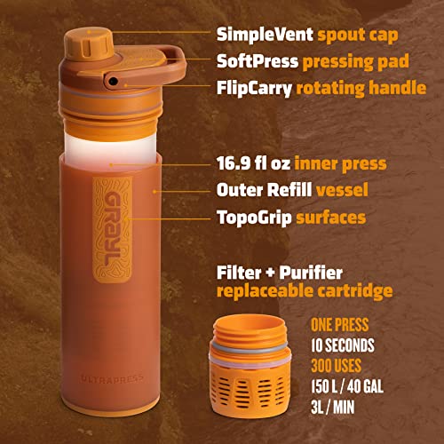 GRAYL UltraPress - Botella purificadora de agua y filtro para senderismo, mochileros y viajes (Mojave Redrock)