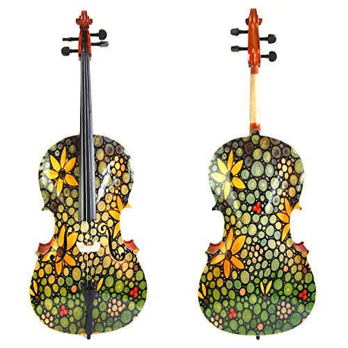 Kinglos 4/4 Green Yellow Flower Colored Solid Wood Student Cello Kit with Soft Case, Stand, Bow, Rosin, Bridge and Extra set of strings Full Size (HSDT018)