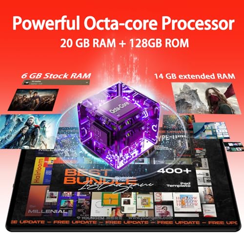 Android 14 Tablet 10.1 inch Tablets,20GB RAM 128GB ROM 1TB Expand,Octa-Core Processor,Dual Camera,WiFi 6,Bluetooth 5.0,6000mAh Long Battery Life with Keyboard/Mouse-Black