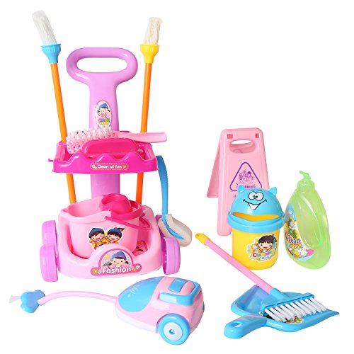 13 Piece 9.5" Mini Cleaning Cart Playset Household Appliances Tools Pretend Play Set Vacuum Cleaner Cleaning Trolley for Kids Cleaning Supplies Toys Broom, Mops, Brushes, Caution Sign(No.666-86)