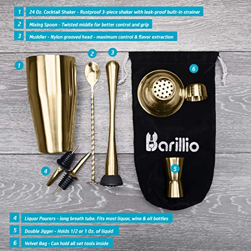 Barillio Cocktail-Shaker-Set aus Edelstahl, 680 ml, Martini-Mixer, Stößel, Rührlöffel, Messbecher, 2 Likörausgießer… – Bild 3