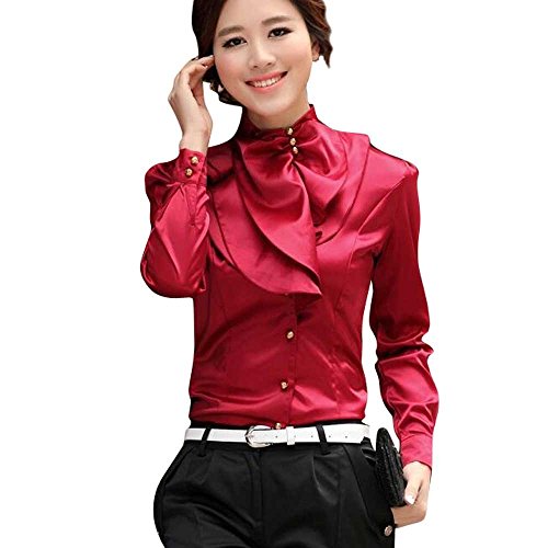 red ruffle neck blouse