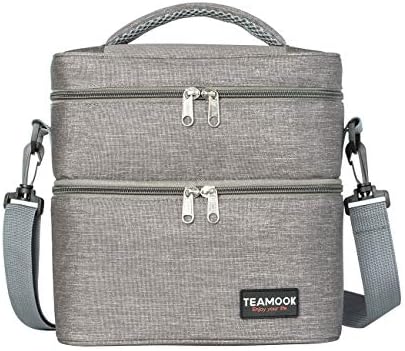 TEAMOOK Water-Resistant Lunch Bag,with Shoulder Strap and Handle,Double Compartment,Insulated Lunch Bag,for Adults Men Women Work and Kids Children School Picnic Campaing,Grey,8L