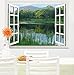 wall26 Peaceful Lake with Green Mountain and Trees Open Window Mural Wall Sticker - 24