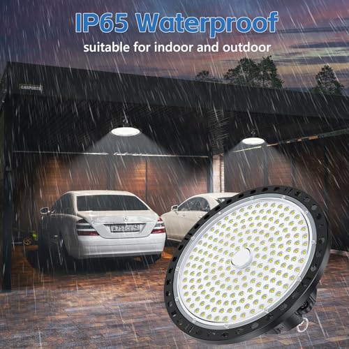UFO LED Spotlight – 2 Pieces 200 W 20000 LM UFO Industrial Workshop Lamp with LED Transformer, IP65 Waterproof 6500 K Cool White Garage Lamp for Factory, Workshop, Barn, Shop
