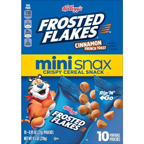 KELLOGG’S FROSTED FLAKES MINI SNAX CRISPY CEREAL SNACKS, KIDS SNACKS, LUNCH SNACKS, CINNAMON FRENCH TOAST, 9.5OZ BOX (10 POUCHES)