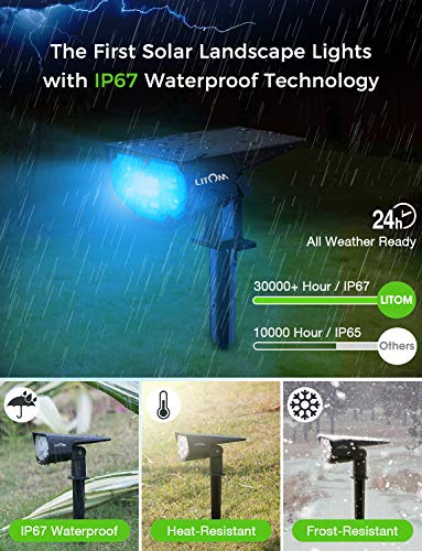 LITOM 12 LED Solar Landscape Spotlights, IP67 Waterproof Solar Powered Wall Lights 2-in-1 Wireless Outdoor Solar Landscaping Light for Yard Garden Driveway Porch Walkway Pool Patio 2 Pack Multicolored - Thumbnail 3