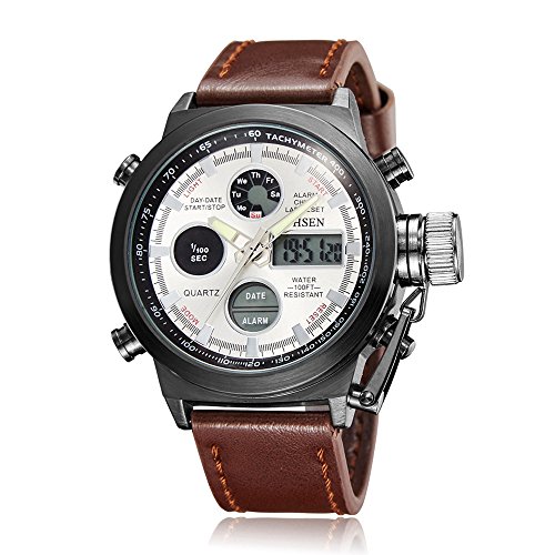 Ohsen men s sport quartz watch with brown genuine leath…
