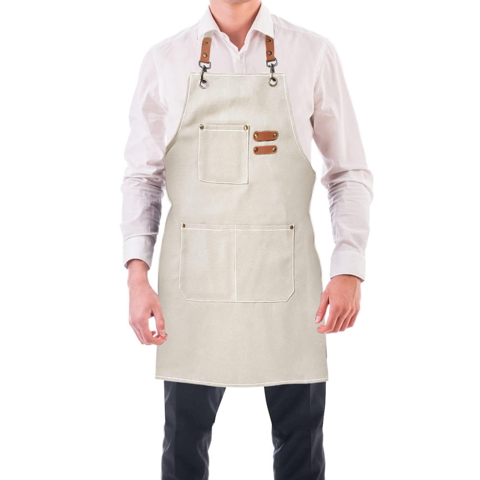 BOOWEN Unisex Apron Cotton Canvas Aprons with 3 Pockets Adjustable Size Men Kitchen Apron for Kitchen Grill Craft Garden Coffee House Bartender, beige, One Size