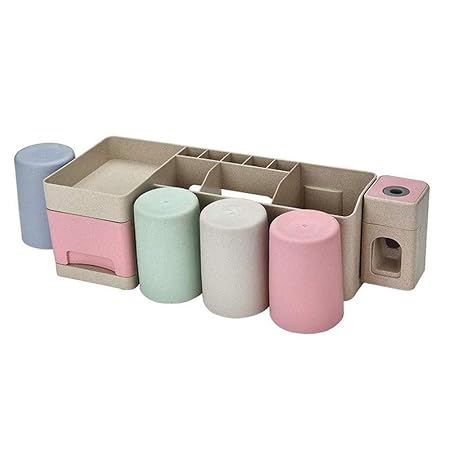 Rediboom Zahnbürstenhalter Set mit Zahnpasta-Spender Plus 4 Tassen, ohne Bohren, Wandmontage, Multifunktionale Schlitze Badez