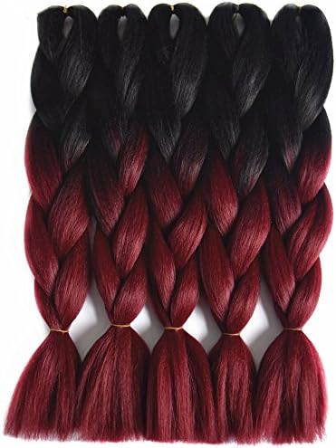 5 Pieces Ombre Braiding Hair Synthetic Jumbo Braids 24inch 100g/pcs Feilimei Yaki Straight Braid Hair Extensions (black to wine red)