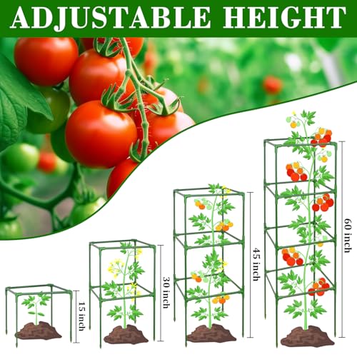 ZeeDix 4 Pack Tomato Cages for Garden 60 Inches, Heavy Duty Square Adjustable Tomato Trellis Cage Climbing Plant Support Trellis Plant Cages for Climbing Vegetables Flowers with 40Pcs Clips