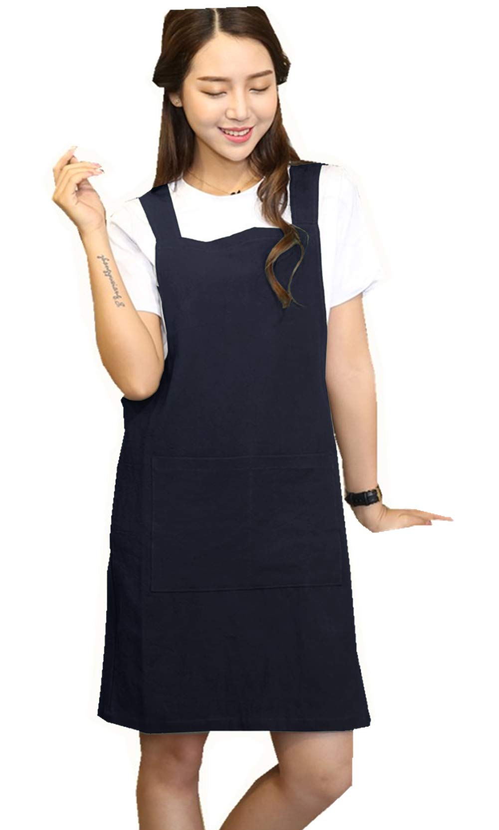 X-Shaped Apron, Soft Cotton Linen Cross Apron, Japanese Style, Solid Color, Cotton, Black, One Size