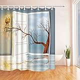 NYMB Wooden Tree Though the Door with Litter Robot Shower Curtain, Mildew Resistant Polyester Fabric Bathroom Bath Curtains with Hooks,69X70 inches, White Blue(Multi3)