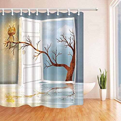 NYMB Wooden Tree Though the Door with Litter Robot Shower Curtain, Mildew Resistant Polyester Fabric Bathroom Bath Curtains with Hooks,69X70 inches, White Blue(Multi3)