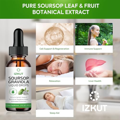 SOURSOP BITTERS LIQUID ORGANIC: SOURSOP LEAF & FRUIT BOTANICAL EXTRACT – SOURSOP LIQUID DROPS FOR CELL SUPPORT & REGENERATION – IMMUNE SUPPORT, RELAXATION, LIVER HEALTH, AND SLEEP AID FOR MEN & WOMEN