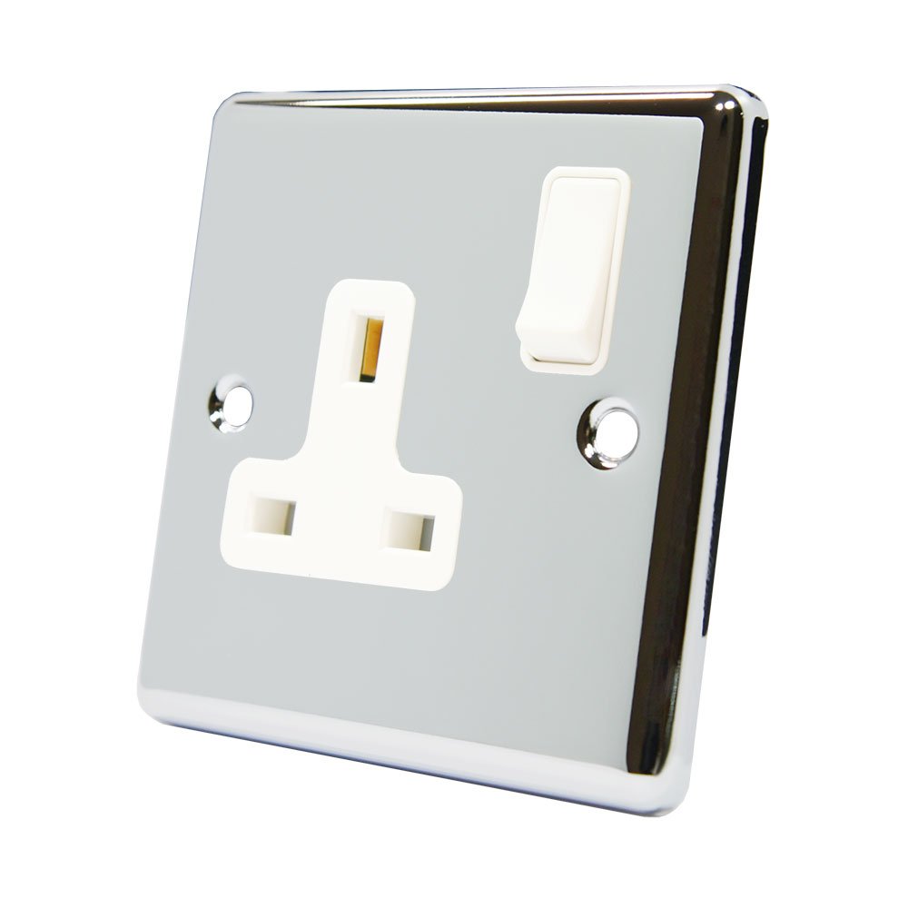 AET CPC1GSOCWH 13 A 1-Gang Polished Chrome Classical Single Plug Socket with White Insert Plastic Rocker Switch
