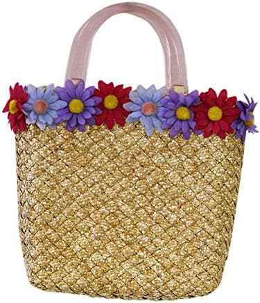 Pink Blue &amp; Purple Flowers on Braided Rectangular Wicker Handbag