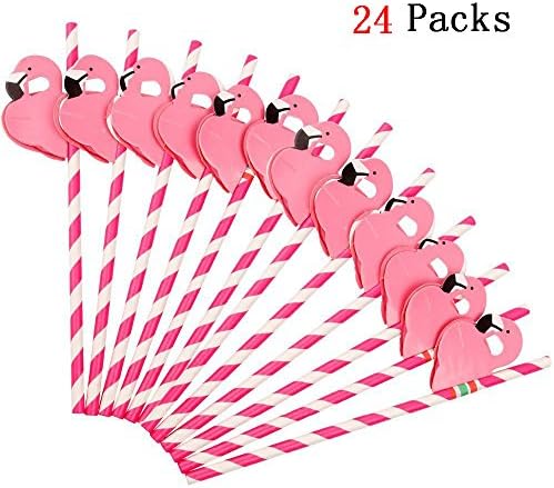 Flamingos Drinking Straws, Set of 24 100% Biodegradable Vintage and Fun Disposable Paper Straws for Hawaii Holiday Birthday Wedding Party Supplies Pink