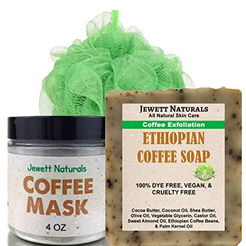 Jewett Naturals Exfoliating Value Set [Great for Blackheads, Acne,
Pimples, Oily Skin, Hydrating, Anti Aging]- 4.2 oz Ethiopian Coffee
Soap, 4 oz Mask, Sponge. All Natural, Vegan, Handmade