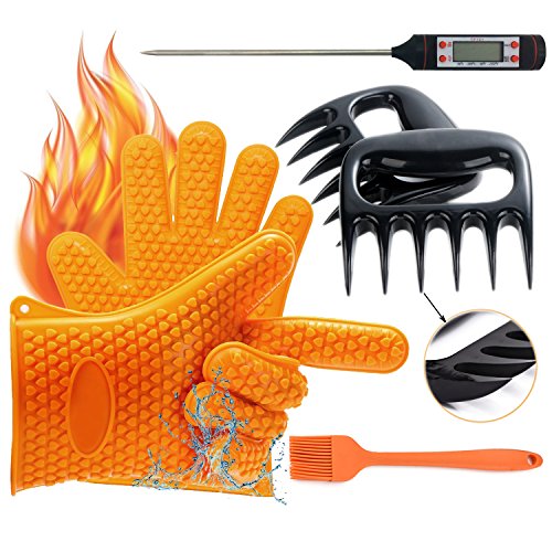 YOUR SMILE BBQ Oven Gloves, Meat Thermometer, Meat Shredder Claw And Silicone Basting | BBQ | Pastry | Oil Brush(4 In 1) BBQ Grilling Tool Accessory For Indoor Outdoor Cooking