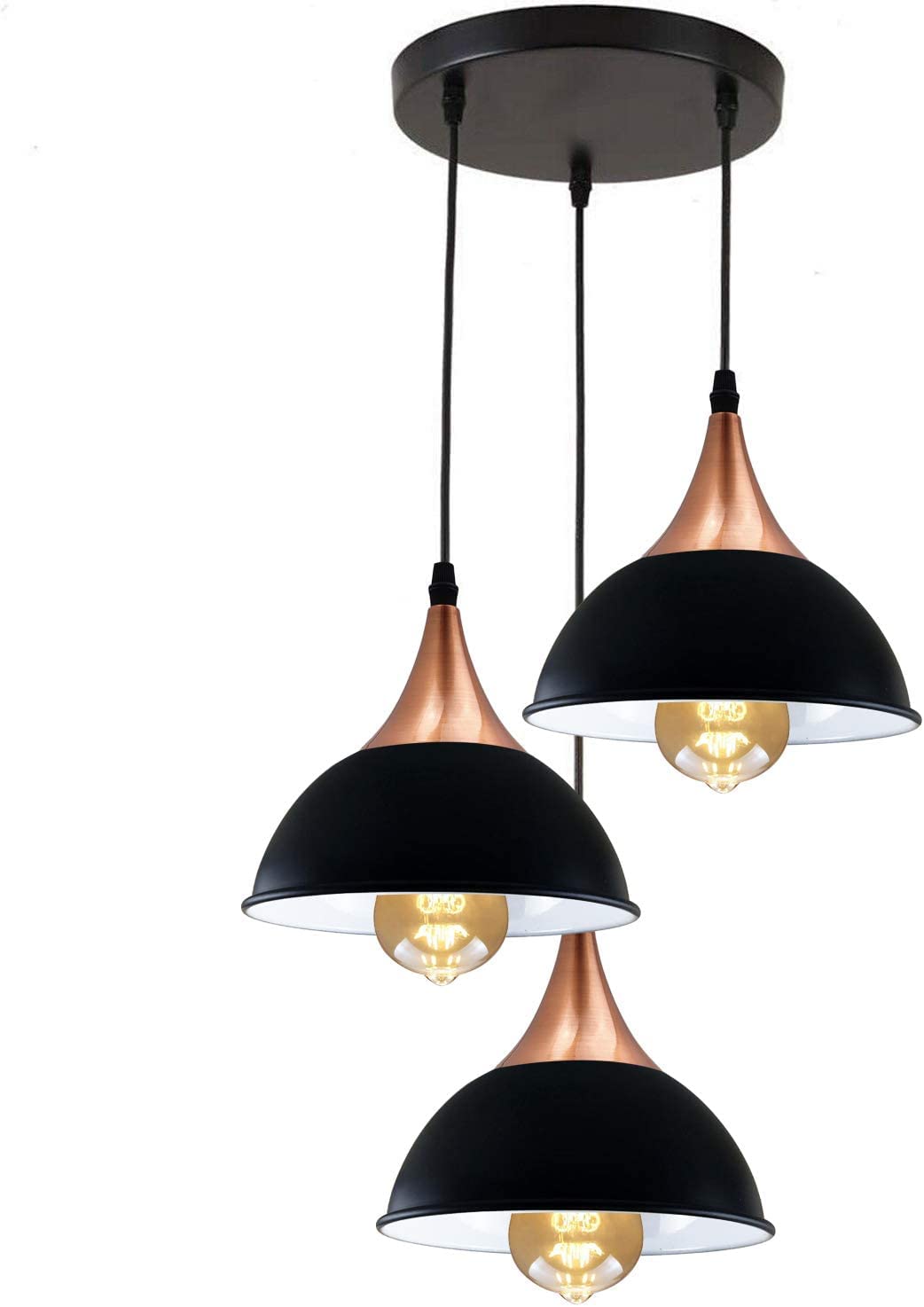 LEDSone Modern Retro 3 Way Ceiling Pendant Light Cluster Light Fitting Black Dome Lampshade Style Home UK E27 Lighting Kit (Black)