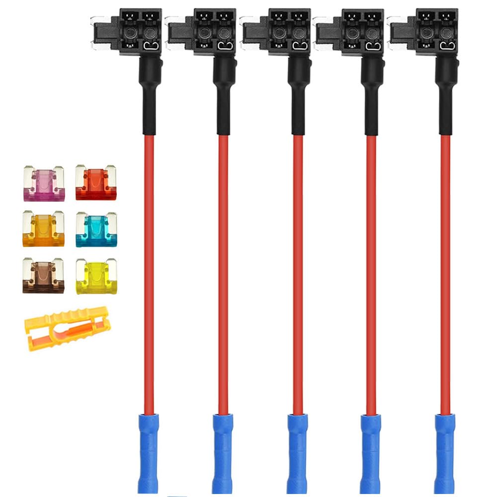 Aiqeer 5 Pieces 12V / 24V Low-Profile Piggy Back Fuse Holders, Car Add-a-Circuit Fuse Tap with Wire Harness, Free 6 Pieces Micro Blade Fuses and Fuse Puller (Crimp Terminal)