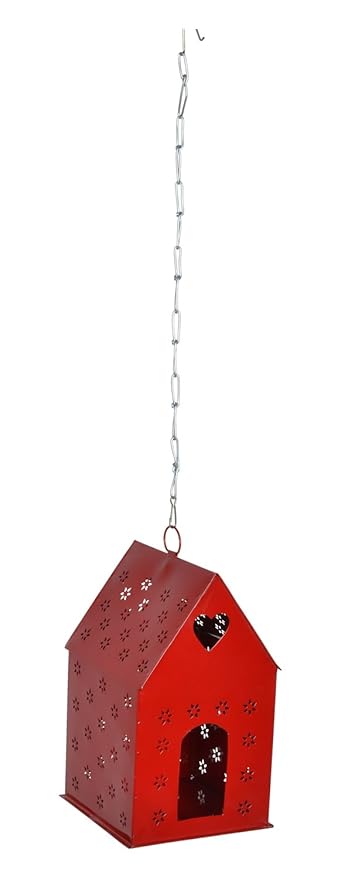 green girgit Metal Bird House Hut Hanging Planter, Red