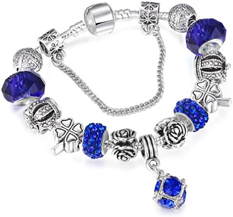 KKUAIEEN Vintage Silver Plated Crystal Charm Bracelet Women Fit Original DIY Bracelet Jewelry Gift blue 21cm
