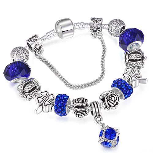 KKUAIEEN Vintage Silver Plated Crystal Charm Bracelet Women Fit Original DIY Bracelet Jewelry Gift blue 21cm