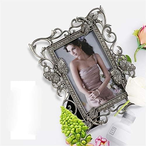 XIAOYUTOU European Antique Pewter With Clear Rhinestones Inlaid Butterfly Dragonfly Design 4 by 6 Rectangle Tabletop Metal Picture Frame (Color : Antique pewter, Size : 4x6 inches)