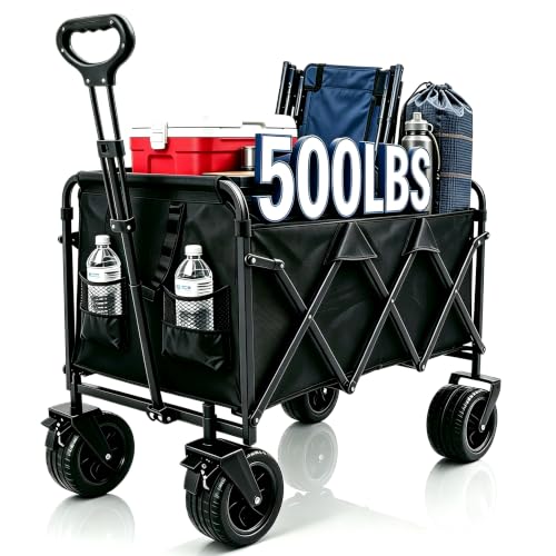 Tule Tuowu 500lbs Large Capacity Collapsible Festival Trolley on Wheels | Heavy Duty Wagon with All-Terrain Wheels,Brakes & Automatic Rebound Handle for Camping,Outdoor,Garden,Shopping