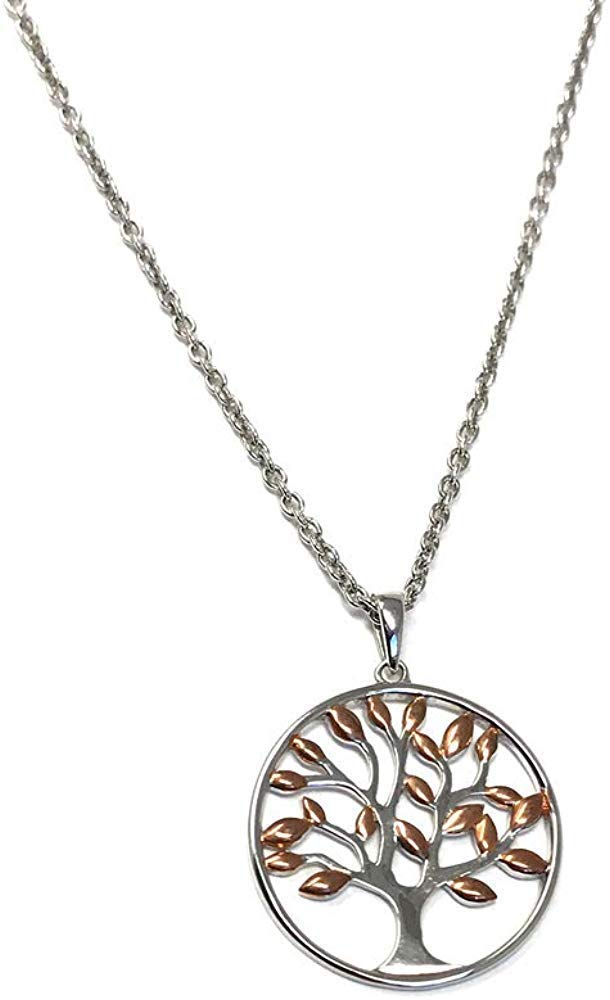 Strictly Gifts Ladies Sterling Silver Tree of Life Pendant with Rose Gold Plated Leaves on 46cm Oxidised Silver Necklace Chain