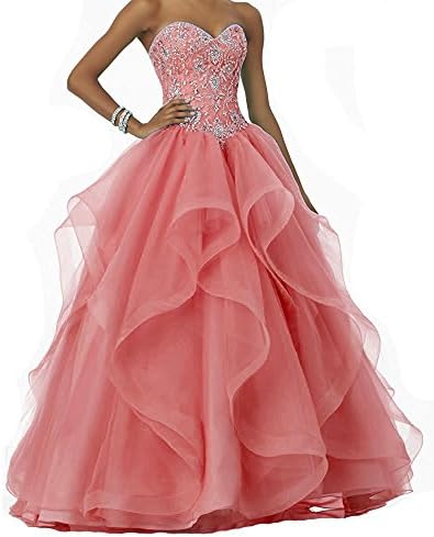 Women's Strapless Beaded Prom Ball Gown 2018 Long Corset Sweetheart Quinceanera Dresses Coral US12