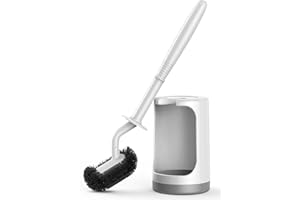 HAMITOR Toilet Bowl Brush Holder Set: Curved Design with Holder for Deep Cleaning Under Rim - Compact Hidden Scrubber for Small Space - Modern RV Bathroom Accessories - White