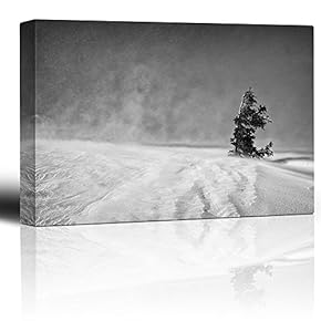 Black and White Photo of a Lone Tree on a Snowed in Cliff - Canvas Art Home Art - 12x18 inches