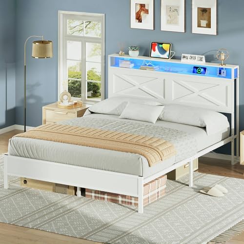 HOOBRO Full Size Bed Frame, Bed Frame with Charging Station and LED Lights, Headboard with Shelves, Heavy Duty Metal Frame, Noise-Free, Easy Assembly, No Box Springs Needed, White WT01UDBF01