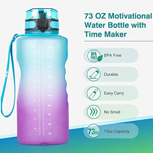 1byone Half Gallon Water Bottle 73oz Large Motivational Water Bottles with Straw Time Marker & Paracord Handle, Big Water Jug for Sports - BPA Free, Leak Proof, Easy Carry, Anti-slip( 2 Straws Included)
