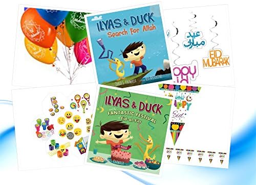 Ilays & Duck Series Eid Gift Set: Ilays & Duck Fantastic Festival & Search for Allah Books, Eid Mubarak Happy Eid Swirls, Happy Eid Flags, Eid Mubarak Balloons & Goody Emoji Bag