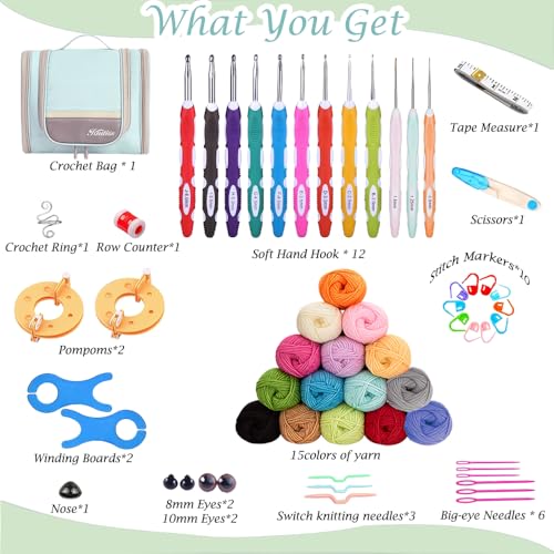 Knitiss Crochet Kits with Case, Beginner Crochet Set Includes 15 Yarn Skeins & 12 Ergonomic Crochet Hooks