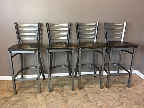 Reclaimed Wood Seat Bar Stool | With Ladder Back Metal Frame | Set of 4 | Restaurant Grade | High Quality |30 Inch High Barstool